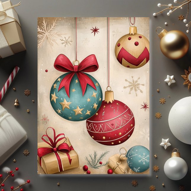 Vintage-ornamentsskatten  kort (Vintage ornaments and bows create a timeless Christmas greeting card)