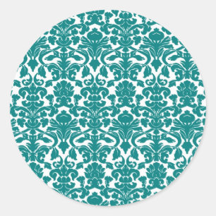 Vintage Ornate Blommigt Teal Damask Sticker Runt Klistermärke