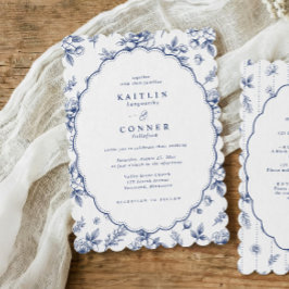 Vintage oval marinblå fransk blomsterbröllop inbjudningar