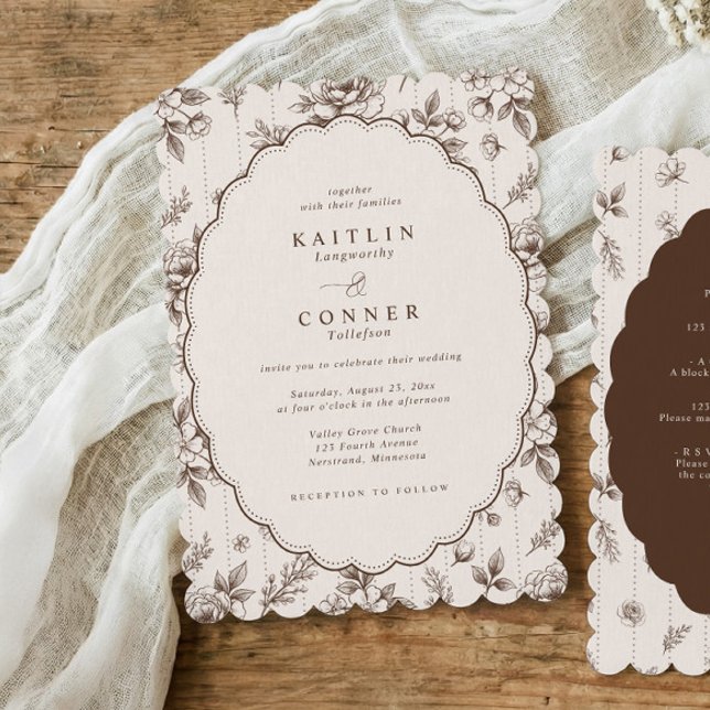 Vintage oval mocha espresso fransk blomsterbröllop inbjudningar (Mocha espresso brown vintage French floral oval scalloped all in one wedding invitation.)