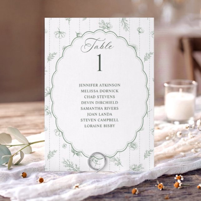 Vintage oval salongsgrön bröllopsplatskarta (Sage green French floral wedding seating chart card with oval scalloped frame and guest names.)