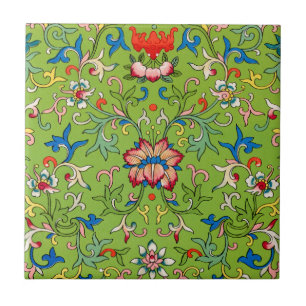 Vintage Owen Jones kinesisk prydnad grön blomsterg Kakelplatta