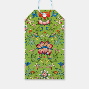 Vintage Owen Jones kinesiskt ornament grönt blomst Presentetikett