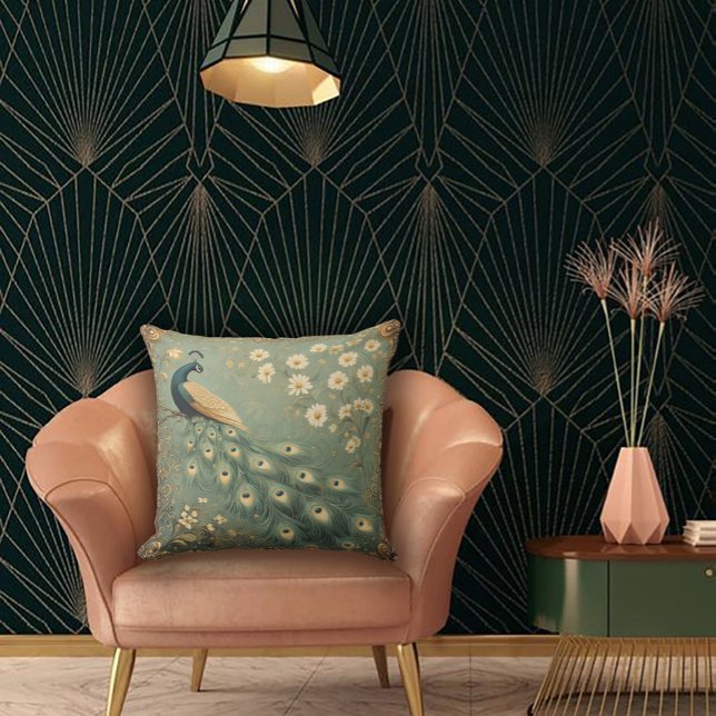 Vintage påfågel & Art Nouveau blomstermönster Kudde (Skapare uppladdad)