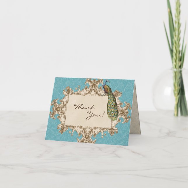 Vintage Påfågel & Etsningar Bröllop Tackkort (Framsida)