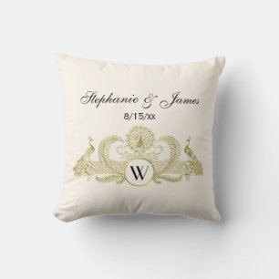 Vintage Påfåglar Monogram Falskt Guld Elfenben BG Kudde
