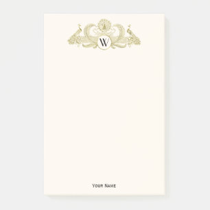 Vintage Påfåglar Monogram Falskt Guld Elfenben BG Post-it Block