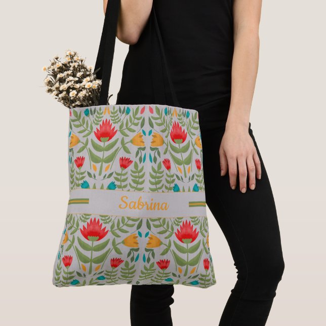 Vintage Paint Blommigt Monogrammed Tote Bag Tygkasse (Närbild)