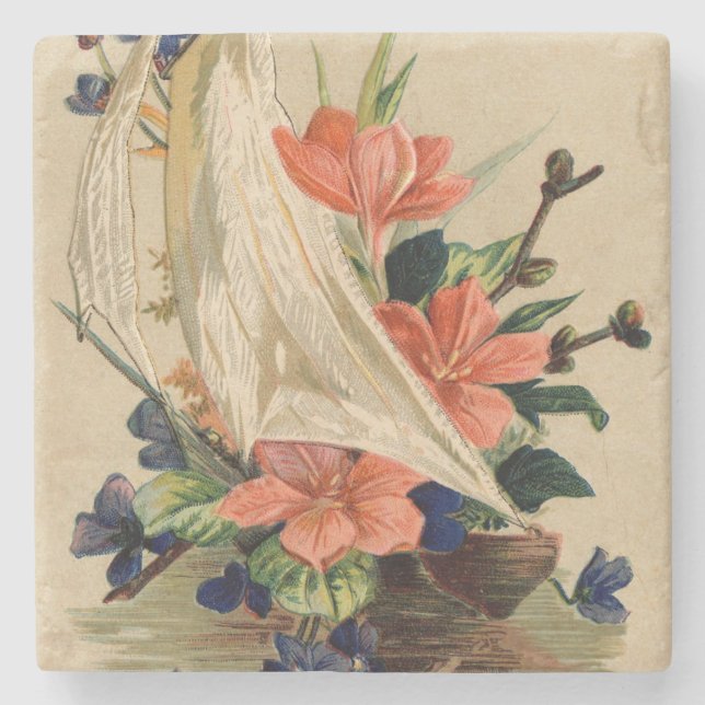 Vintage Painting - Blommor i en segelbåt. Stenunderlägg (Framsidan)