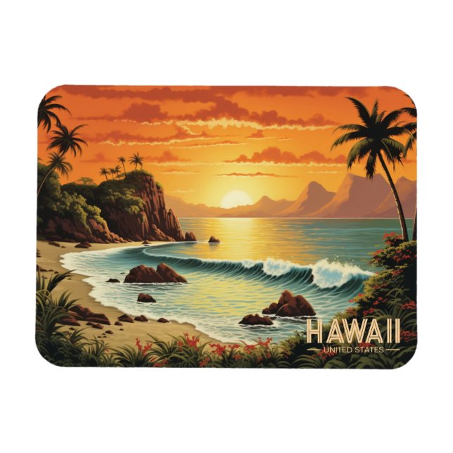 Vintage Painting Hawaii Beach Tropical Paradise Magnet (Horisontell)
