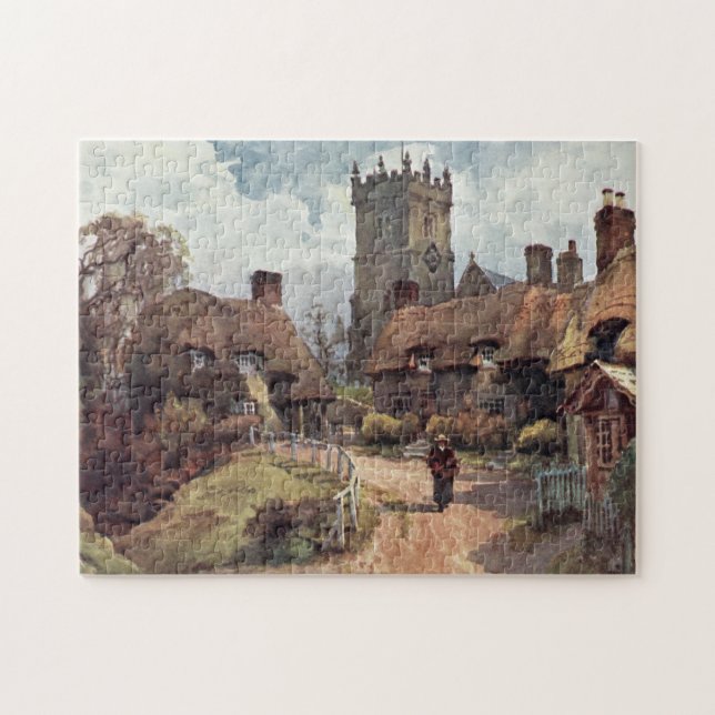 Vintage Painting of Godshill, Isle of Wight Pussel (Horisontell)