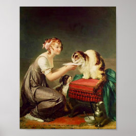 Vintage Painting of Söt Girl & Cute Tjock Cat Poster
