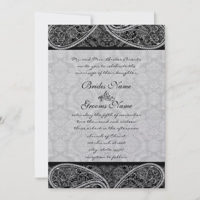 Vintage Paisley Black Damask Weddings Inbjudningar (Framsida)