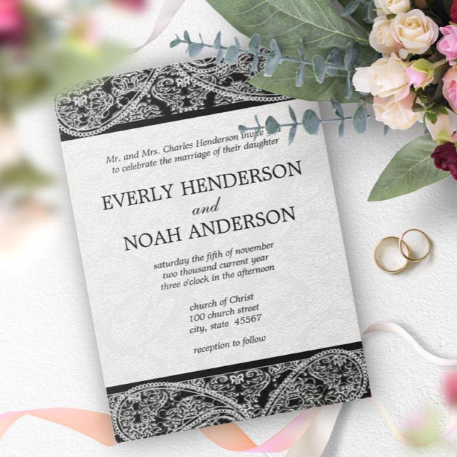 Vintage Paisley Black Damask Weddings Inbjudningar (Skapare uppladdad)