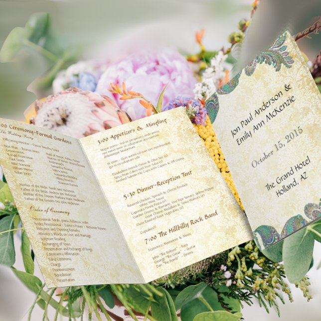 Vintage Paisley Peacock Färg Bröllopsprogram (Skapare uppladdad)