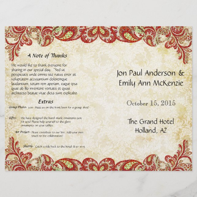Vintage Paisley Peacock Red Bröllopsprogram (Framsida)