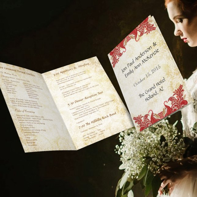 Vintage Paisley Peacock Red Bröllopsprogram (Skapare uppladdad)