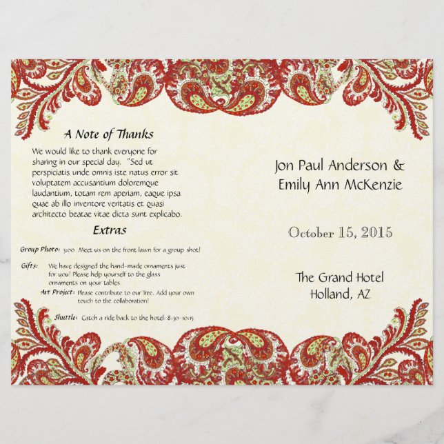 Vintage Paisley Peacock Red Bröllopsprogram (Framsida)