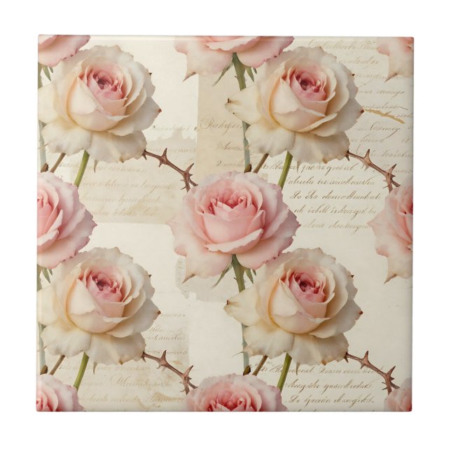 Vintage Pale Pink Rose Script Pattern Kakelplatta (Framsidan)