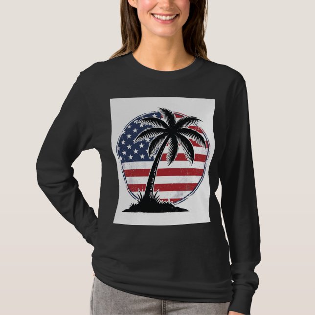 Vintage Palm Tree Amerikansk Flagga Sommar T-Shirt (Framsida)