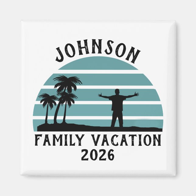 Vintage Palm Tree Sunset Custom Family Vacation Magnet (Framsidan)