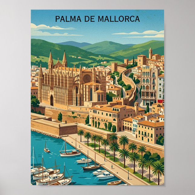 Vintage Palma de Mallorca Stadsvy Resa Poster (Framsidan)