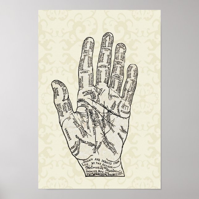 Vintage Palmistry Hand Diagram - Holmes W. Merton Poster (Framsidan)