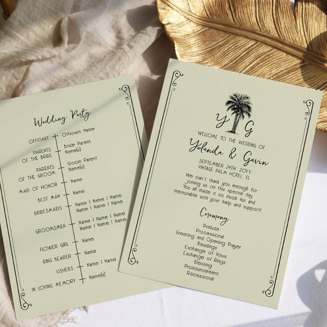 Vintage Palmträd Elegant Bröllopsceremoni Program (Wedding Ceremony Program - from my Vintage Palm Wedding Collection)