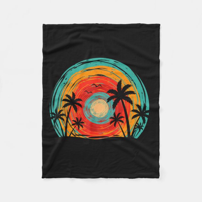 Vintage Palmträd Strand Solnedgång Tropisk Sommar Fleecefilt (Framsidan)