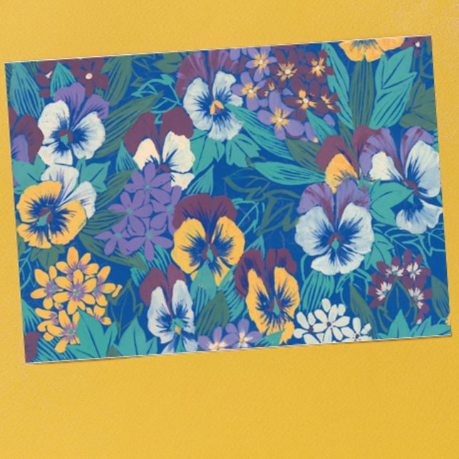 Vintage Pansy Blommönster | Blå Stugträdgård Kökshandduk (Skapare uppladdad)