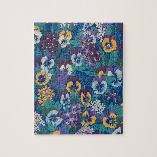 Vintage Pansy Blommönster | Blå Stugträdgård Pussel (Vertikal)