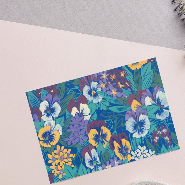 Vintage Pansy Blommönster | Blå Stugträdgård Rektangulärt Klistermärke (Skapare uppladdad)