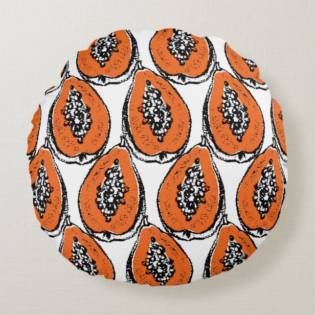 Vintage Papaya Charcol Teckning Mönster. Rund Kudde (Framsidan)