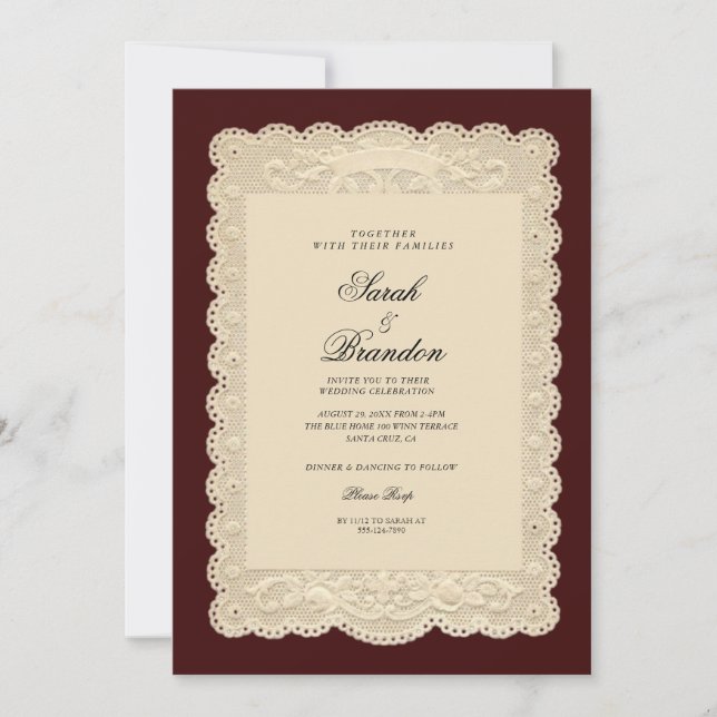 Vintage Paper Lace Burgundy Wedding Invitation Inbjudningar (Framsida)