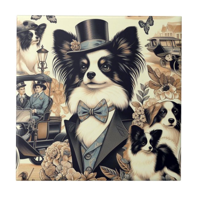 Vintage Papillon Hund Illustration Kakelplatta (Framsidan)