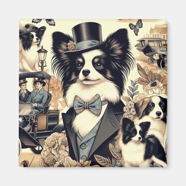 Vintage Papillon Hund Illustration Magnet (Framsidan)