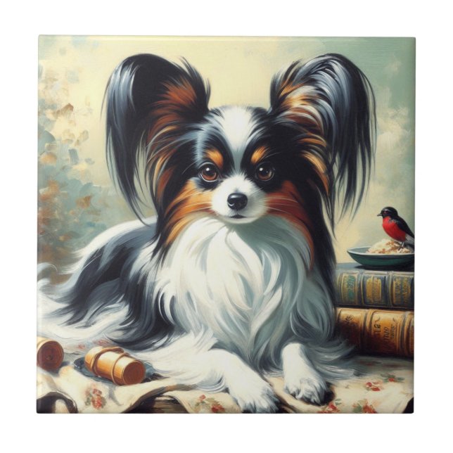 Vintage Papillon Hund Painting Kakelplatta (Framsidan)