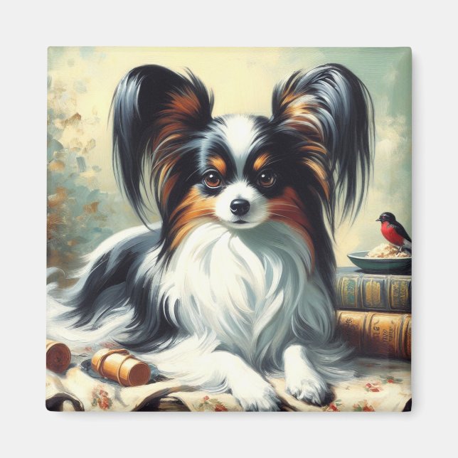 Vintage Papillon Hund Painting Magnet (Framsidan)