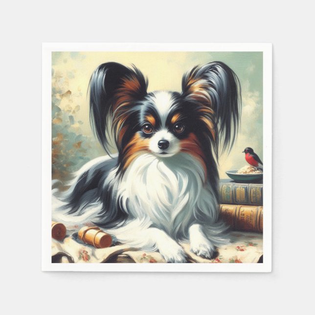 Vintage Papillon Hund Painting Pappersservett (Framsidan)