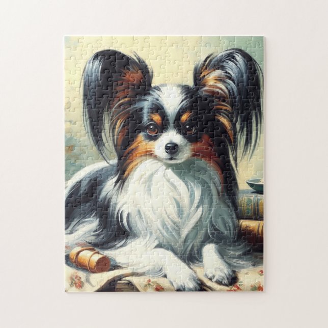 Vintage Papillon Hund Painting Pussel (Vertikal)