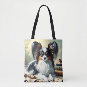 Vintage Papillon Hund Painting Tygkasse