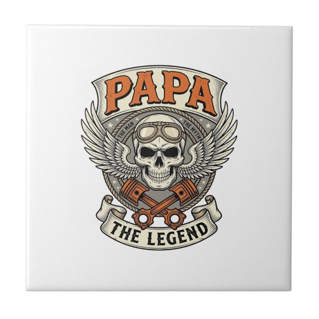 Vintage Pappa Biker Skalle Legend Kakelplatta (Framsidan)