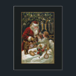 Vintage Pappa jul Ge gåvor till barn Vykort<br><div class="desc">Elegant och tidlös traditionell julkonst med leende ge julklappar till ett barn i sängen med boskap hängande i närheten och mistletokonst. Konsten förskönas med guld högdagrar. Baksidan har en unik komplementgrafik för anpassningsbarna med redigerbar fält.</div>