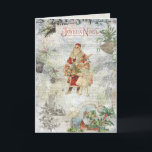 Vintage Pappa jul i Snö Collage Helgkort<br><div class="desc">Festive säsong kollage of colorful vintage ephemera with old world Pappa jul in red robes and gifts with Little girl,  engraved holly gräns and Joyeux Noel text,  brass bell och mistletoe,  gräs och vinterlandskap med snöflingor och kränkt bakgrund.</div>