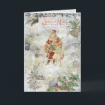 Vintage Pappa jul i Snö Collage Helgkort<br><div class="desc">Festive säsong kollage of colorful vintage ephemera with old world Pappa jul in red robes and gifts with Little girl,  engraved holly gräns and Joyeux Noel text,  brass bell och mistletoe,  gräs och vinterlandskap med snöflingor och kränkt bakgrund.</div>