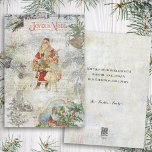 Vintage Pappa jul i Snö Collage Julkort<br><div class="desc">Festive säsong kollage of colorful vintage ephemera with old world Pappa jul in red robes and gifts with Little girl,  engraved holly gräns and Joyeux Noel text,  brass bell och mistletoe,  gräs och vinterlandskap med snöflingor och kränkt bakgrund.</div>