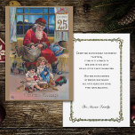 Vintage Pappa jul med barn Julkort<br><div class="desc">Nostalgiskt och quaint Victorian-era-julillustration med rött robed Pappa jul med två barn och gåvor med 25 rullor i december. Baksidan har kompletterande blommigt gräns,  förslag på hälsning och redigerbar fält.</div>
