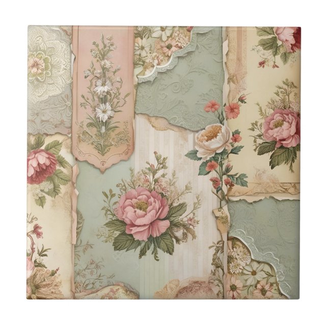 Vintage Papper och blommor Kakelplatta (Framsidan)