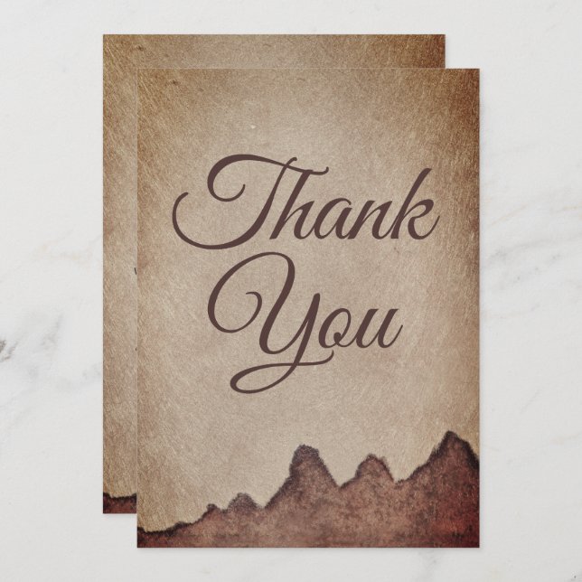 Vintage, pappra brunbruna berg bröllop tack kort (Fram/baksida)