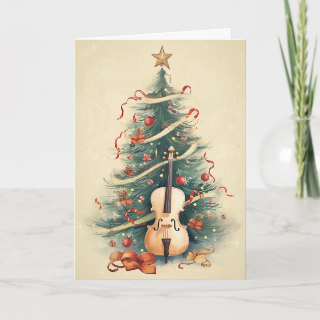 Vintage Parchment Julgran och Cello Helgkort (Framsida)